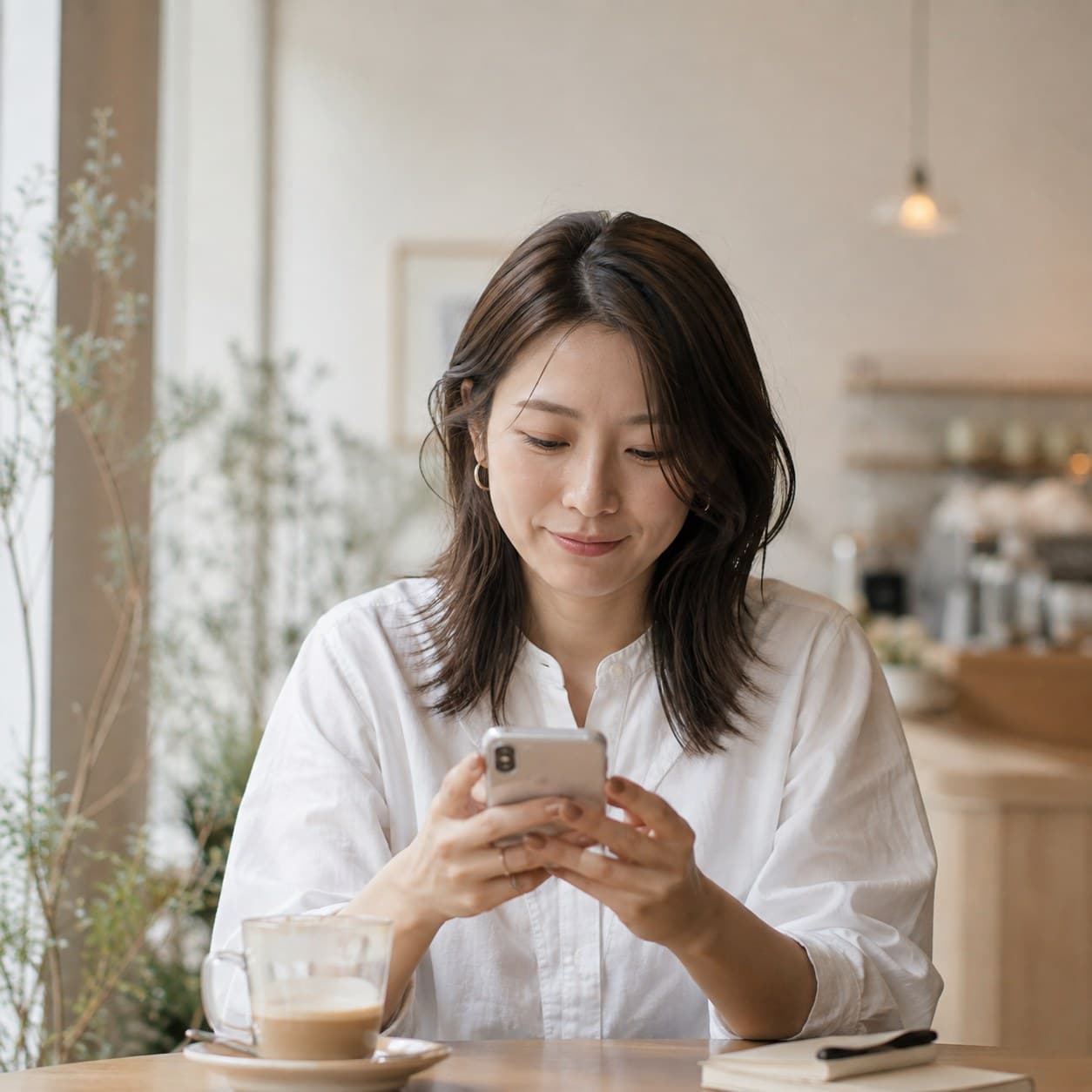カフェでスマホを見ている女性